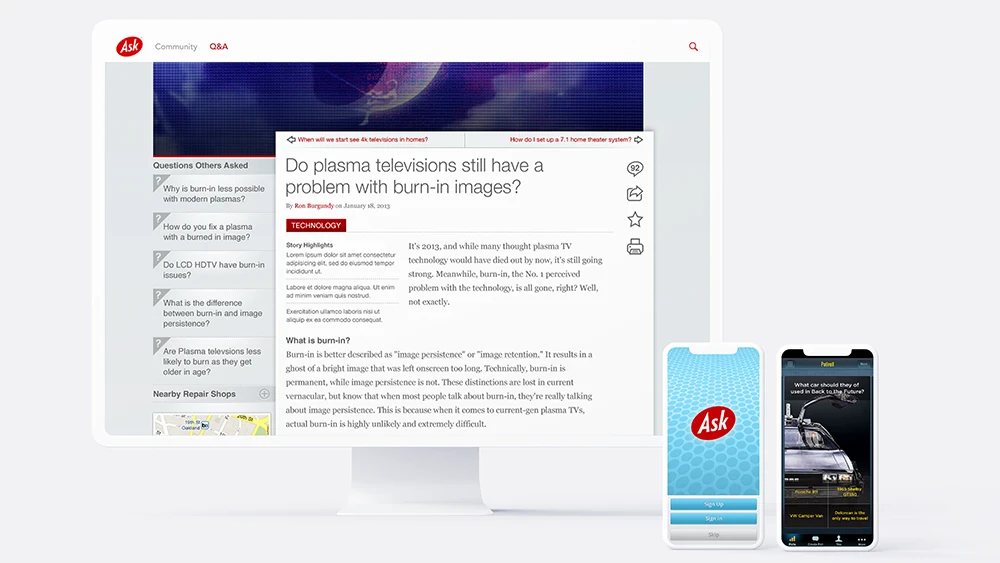 Monitor with Ask Q&A page, mobile device with Ask Community, and mobile device with Ask Poll Roll.