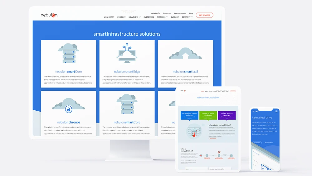 Monitor with Nebulon solutions page, iPad with Nebulon product page, and mobile device with Nebulon test drive application.
