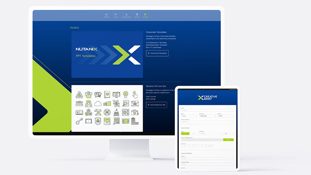 Monitor with Nutanix branding guideline page and iPad with creative brief page.