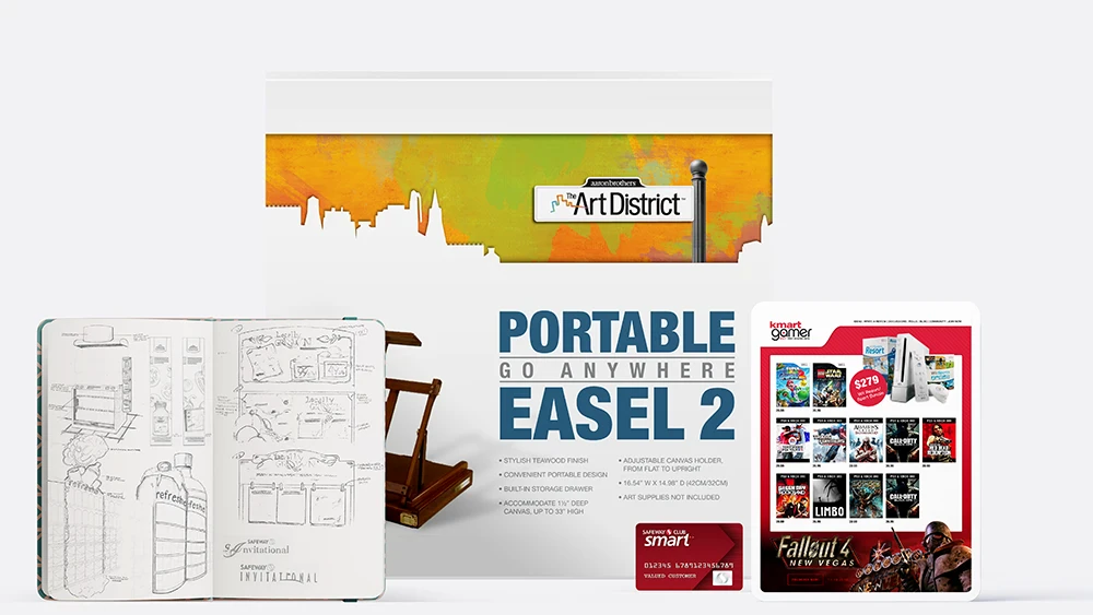 Easel product box for Aaron Brothers Art District, Sketchbook of Safeway concepts, Safeway Club Smart Card, and iPad with Kmart Gamer page.