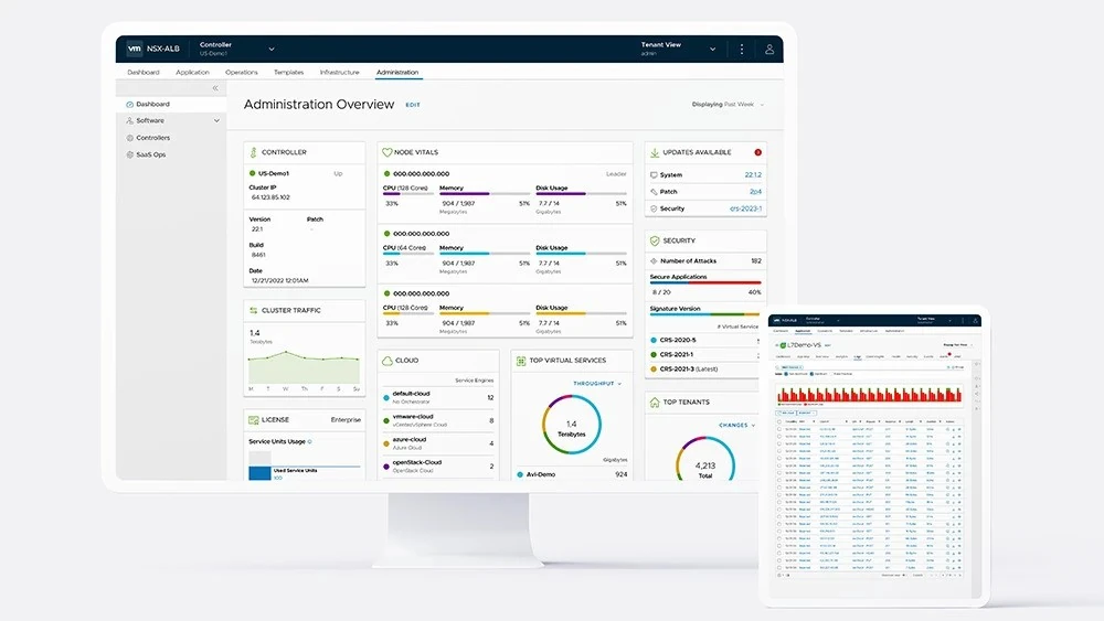 Monitor with NSX ALB dashboard UI and iPad with NSX ALB logs UI.